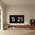 Wooden TV Stand With Flat Screen TV Decorative Items And Wooden Bookshelves In Sunlit Room