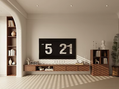 Wooden TV Stand With Flat Screen TV Decorative Items And Wooden Bookshelves In Sunlit Room 3d model