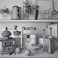 Elegant Kitchenware Display Featuring Coffee Grinder Glass Jars Wooden Boxes Lemons And Wine Bottles
