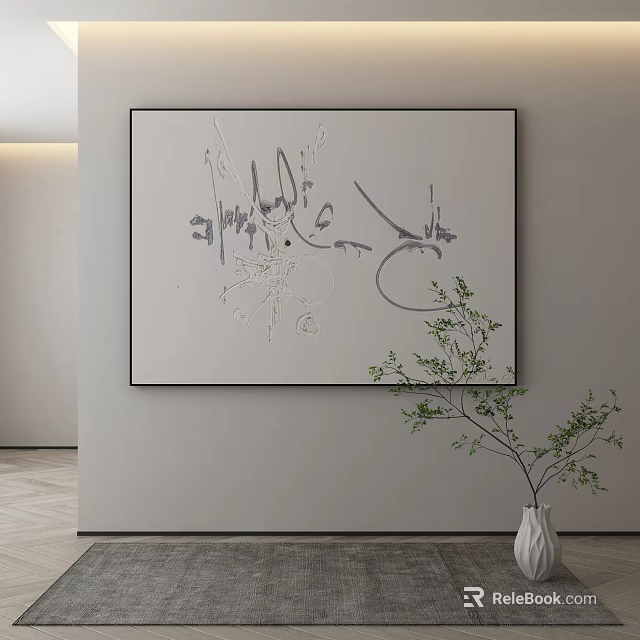 Abstract Painting On White Wall In Modern Interior With Green Plant And Vase 3d model 