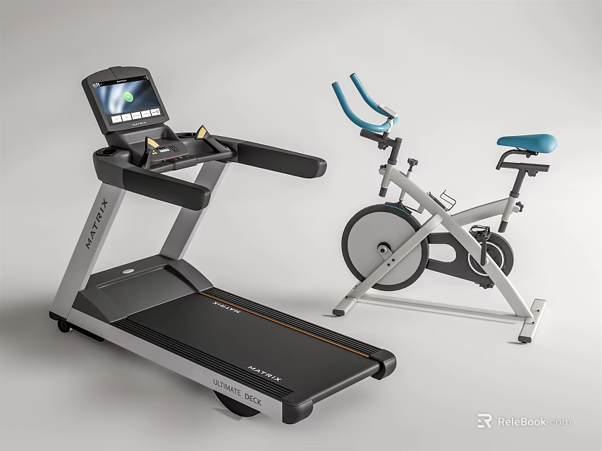 Modern Fitness Sports Equipment With Digital Display Treadmill And Ergonomic Exercise Bike 3d model 