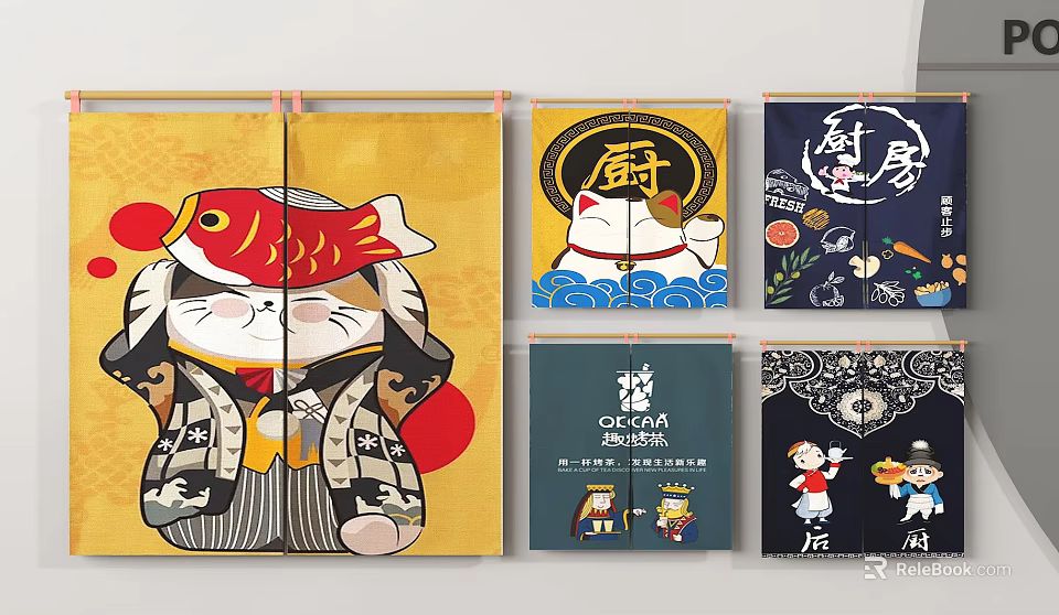 Japanese Style Decorative Wall Art With Lucky Cat Fish And Kitchen Character Designs 3d model 