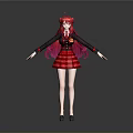 Anime Girl Character With Long Red Hair Black Red Uniform Skirt Standing Pose Gray Background