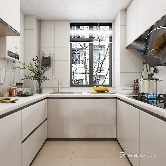 Modern White Kitchen Interior With Window Countertop Cabinets And Fresh Fruits 3d model 