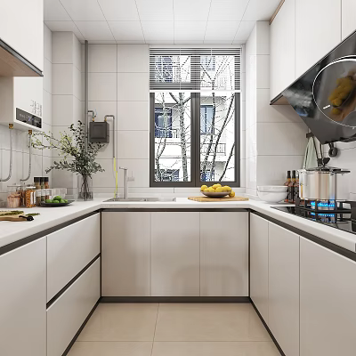 Modern White Kitchen Interior With Window Countertop Cabinets And Fresh Fruits 3d model
