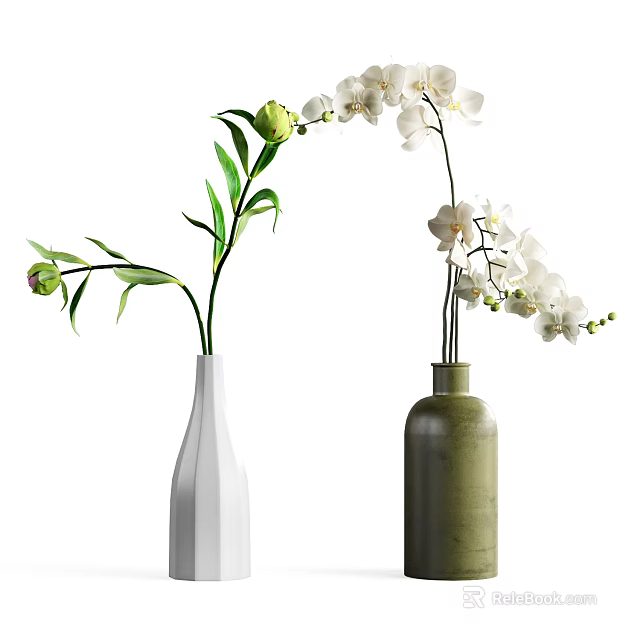 Decorative White And Green Vases With White Flowers And Green Leaves 3d model 