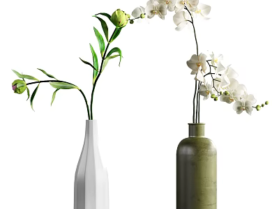 Decorative White And Green Vases With White Flowers And Green Leaves 3d model