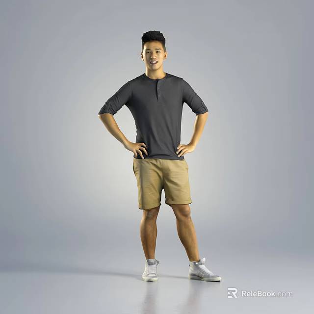 Man in Gray Short Sleeve Shirt and Khaki Shorts Standing with Hands on Hips 3d model 