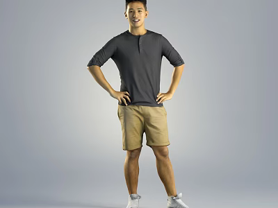 Man in Gray Short Sleeve Shirt and Khaki Shorts Standing with Hands on Hips 3d model
