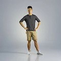Man in Gray Short Sleeve Shirt and Khaki Shorts Standing with Hands on Hips