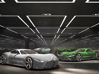 Modern Parking Garage Interior With Bright Lighting Black Ceiling And Luxury Sports Cars 3d model