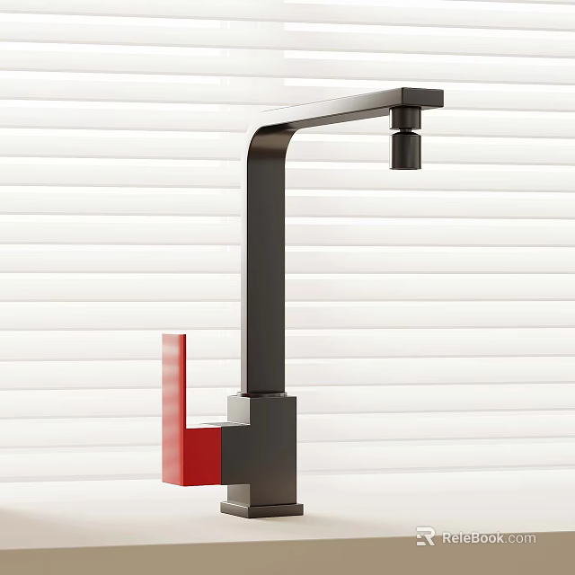 Modern Black and Red Faucet with Sleek Contemporary Design and White Blinds Backdrop 3d model 