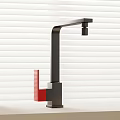 Modern Black and Red Faucet with Sleek Contemporary Design and White Blinds Backdrop