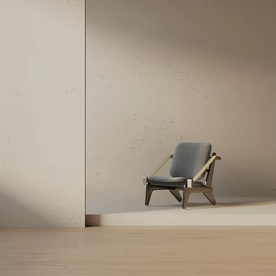 Light Gray Accent Chair With Wooden Frame In Minimalist Indoor Setting And Soft Lighting 3d model