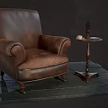 Vintage Leather Armchair On Green Wooden Mat With Side Table Candle Holder And Book