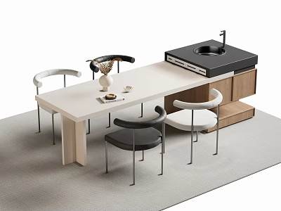 Modern Home Bar Counter Design With White Countertop Wooden Cabinet And Black White Chairs 3d model