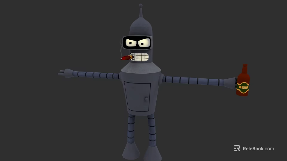 Robot Character With Outstretched Arms Cigar In Mouth And Beer Bottle 3d model 