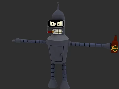 Robot Character With Outstretched Arms Cigar In Mouth And Beer Bottle 3d model