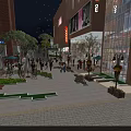 Vibrant Commercial Street With Modern Buildings Shops Pedestrians Green Plants And Evening Lighting