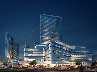Modern Urban Architecture Night View With High Rise Buildings And Commercial Complex 3d model
