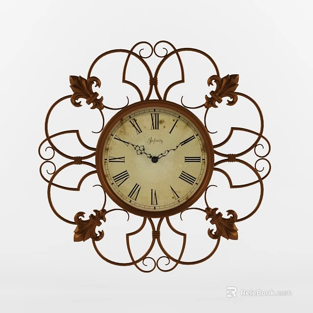 Vintage Decorative Iron Wall Clock With Roman Numerals And Leaf Ornaments 3d model 