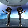 Cartoon Scene Two Characters Wearing VR Headsets Interacting In Blue Futuristic Digital Environment With Stars And City