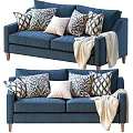 Cozy Blue Two Seater Sofa With Geometric Patterned Pillows And Beige Blanket 3d model