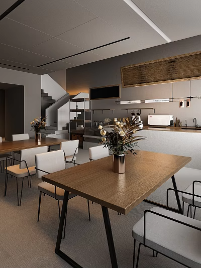 Modern Minimalist Café Interior With Wooden Tables White Chairs Flower Vases Staircase And Bar Counter 3d model