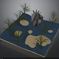 Abstract 3D Landscape Model With Heart Shaped Sculpture Dry Trees And Sand Patches