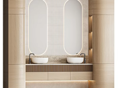 Modern Bathroom Vanity with Double White Sinks Oval Mirrors and Light Wood Design 3d model