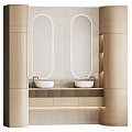 Modern Bathroom Vanity with Double White Sinks Oval Mirrors and Light Wood Design