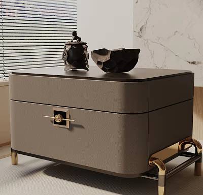 Gray Leather Nightstand With Gold Accents And Decorative Items On Top 3d model