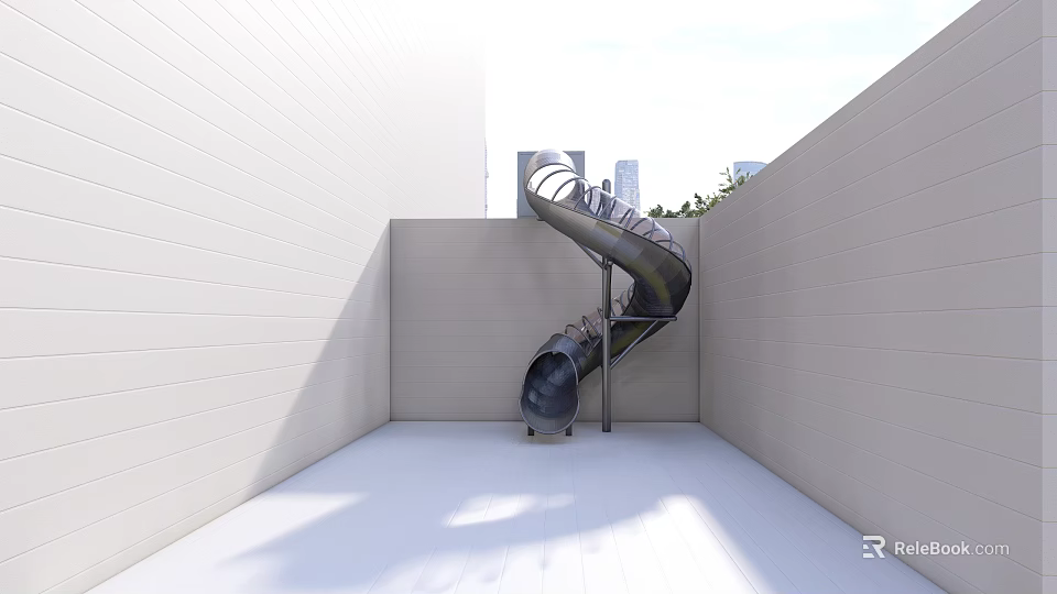 Kids Play Area With Spiral Metal Slide White Walls And Light Colored Floor 3d model 