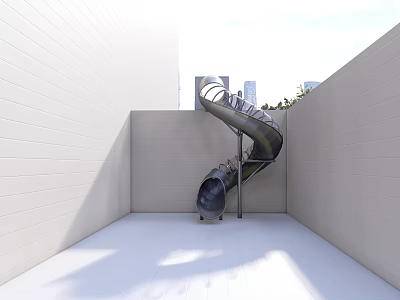 Kids Play Area With Spiral Metal Slide White Walls And Light Colored Floor 3d model