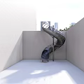 Kids Play Area With Spiral Metal Slide White Walls And Light Colored Floor