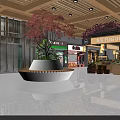 Modern Mall Restaurant Interior With Wooden Ceiling Red Maple Tree And Bench 3d model