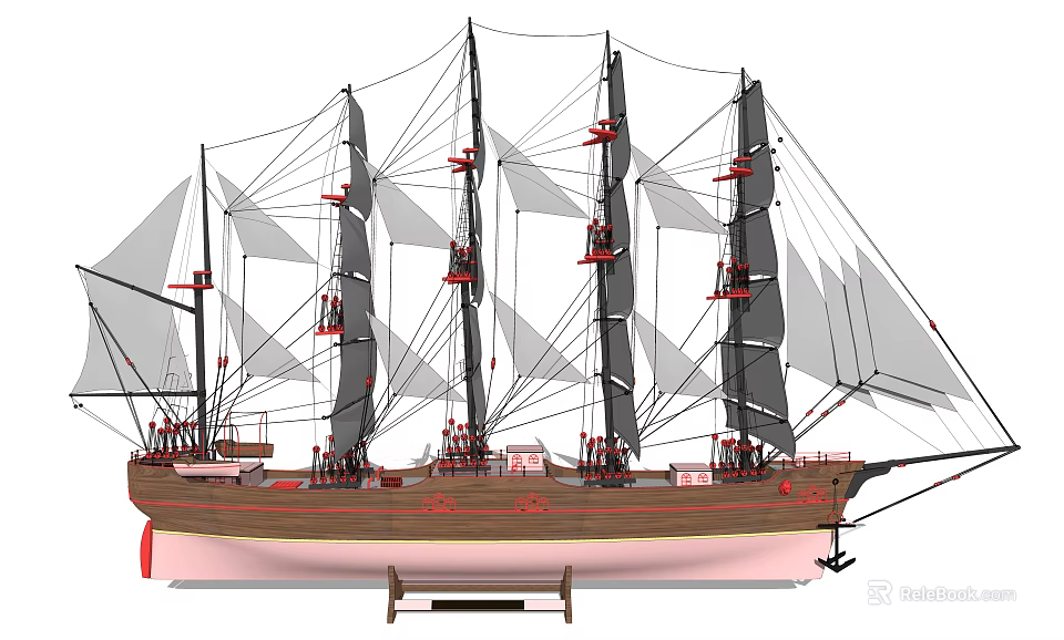 Wooden Sailboat Model Decorative Ornament Set With Masts Sails And Base 3d model 