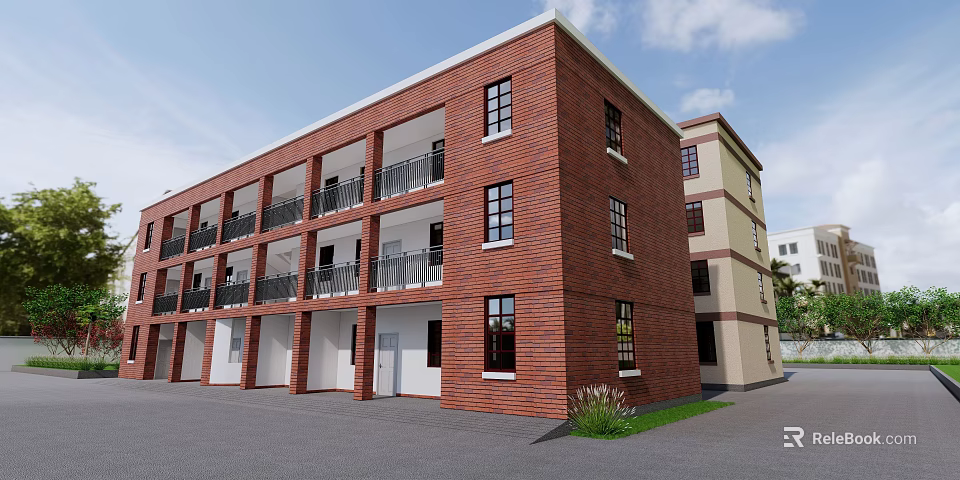 Red Brick Multi Story Building Exterior With Balconies And White Windows 3d model 
