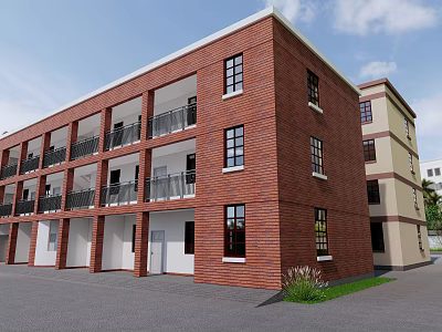 Red Brick Multi Story Building Exterior With Balconies And White Windows 3d model