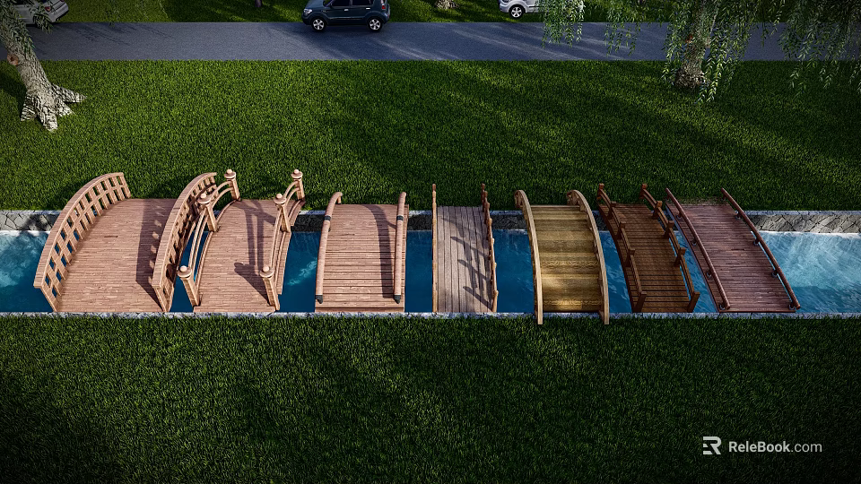 Various Styles Wooden Landscape Bridges Over Water Surrounded By Green Lawns 3d model 
