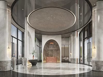 Modern Lobby Interior Design With Circular Ceiling Marble Floor Archway And Large Windows 3d model