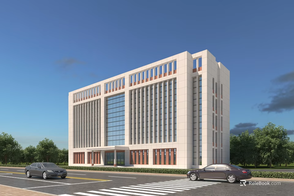 Modern Office Building Exterior With White Walls Glass Windows Trees And Parked Cars 3d model 