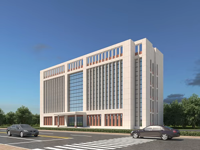 Modern Office Building Exterior With White Walls Glass Windows Trees And Parked Cars 3d model