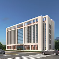 Modern Office Building Exterior With White Walls Glass Windows Trees And Parked Cars