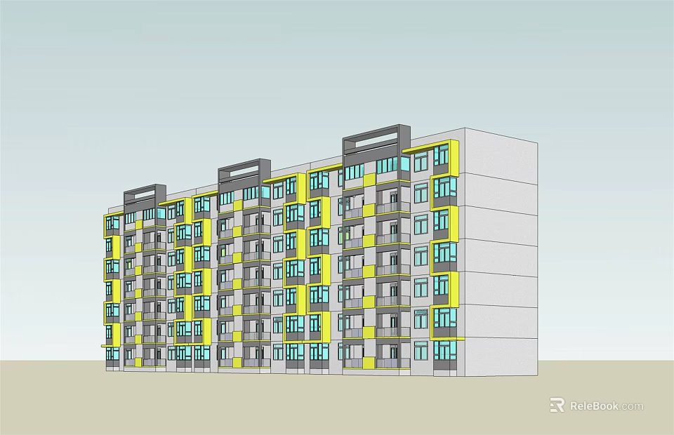 Modern Residential Apartment Building With Yellow And Gray Exterior Multiple Windows And Balconies 3d model 