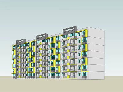 Modern Residential Apartment Building With Yellow And Gray Exterior Multiple Windows And Balconies 3d model