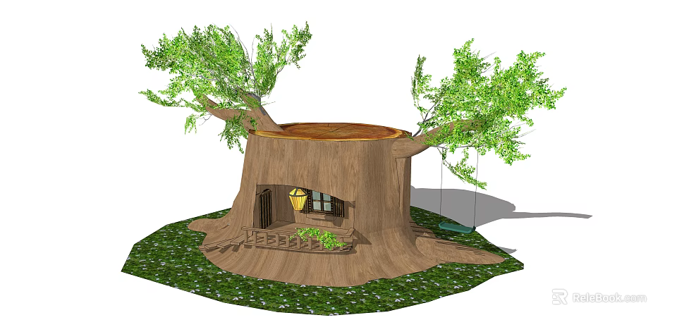 Charming Tree Stump House Featuring Door Window Swing and Green Grass 3d model