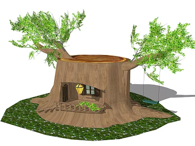 Charming Tree Stump House Featuring Door Window Swing and Green Grass 3d model