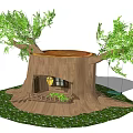 Charming Tree Stump House Featuring Door Window Swing and Green Grass 3d model
