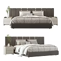 Modern Simple Double Bed With Gray Headboard Nightstand Plant And Soft Bedding 3d model